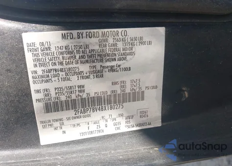 2011 Ford Crown Victoria Police Interceptor from USA, damaged, VIN 2FABP7BV4BX180275